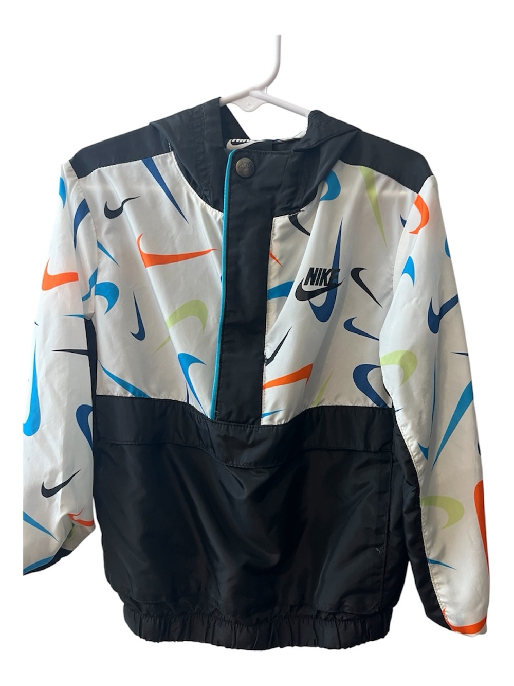 Nike White, Black, Blue & Orange Swoosh Print Kids Windbreaker 3-4T
